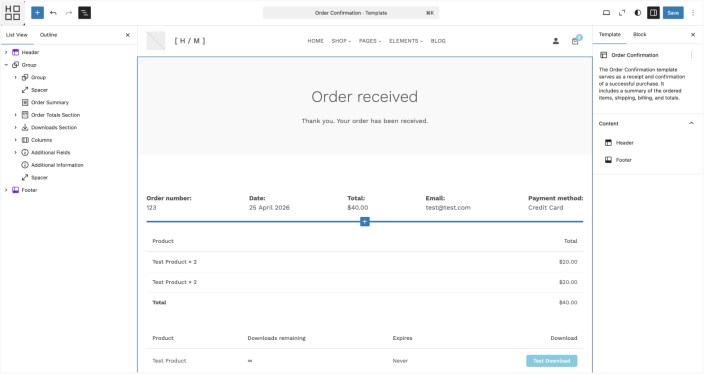 WordPress editor showing Hypermarket order confirmation template with order summary and details