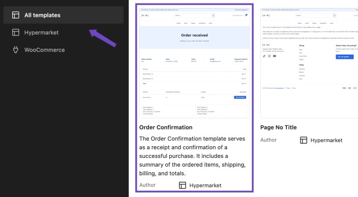 WordPress Site Editor showing the Hypermarket Order Confirmation template for completed WooCommerce purchases