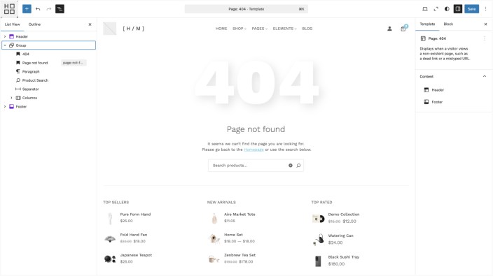 WordPress Site Editor showing Hypermarket 404 template with search, message, and product suggestions