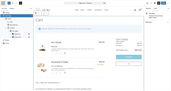 WordPress editor showing Hypermarket cart page template with cart items and totals