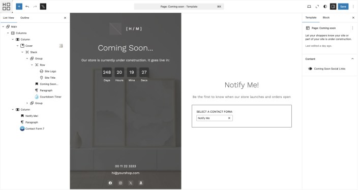 WordPress editor showing Hypermarket coming soon template with countdown and signup form