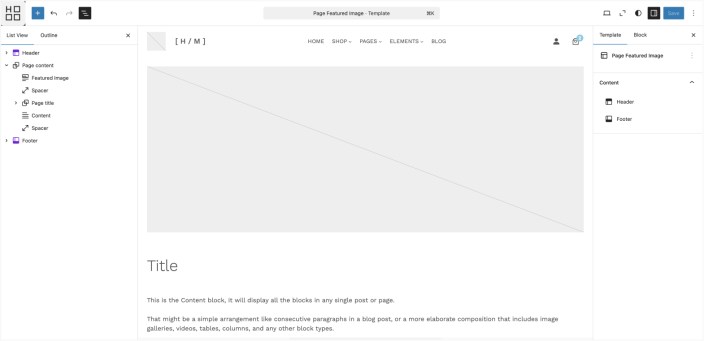 WordPress Site Editor showing Hypermarket page template with featured image, title, and content blocks