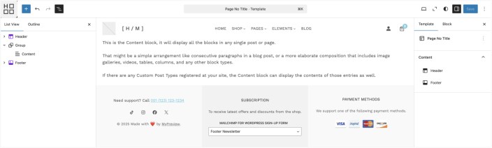 WordPress Site Editor showing Hypermarket page template with content and footer, without a page title