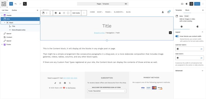 WordPress Site Editor showing Hypermarket page template with intro cover, breadcrumbs, and content area