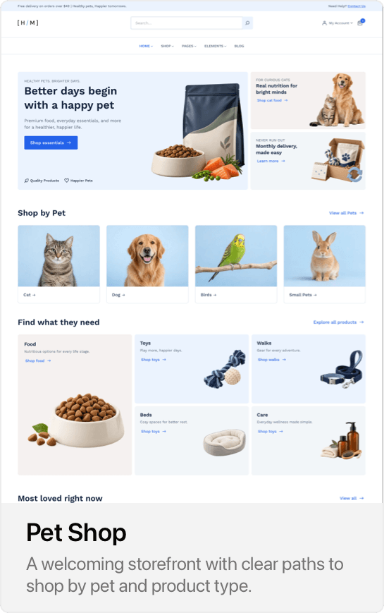 Pet Shop demo showing a pet food hero, shop-by-pet categories, and sections for food, toys, walks, beds, and care.