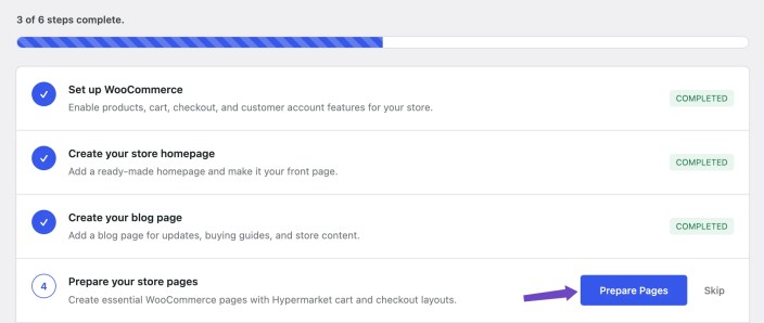 Hypermarket manual setup screen showing the Prepare Pages step for essential WooCommerce store pages