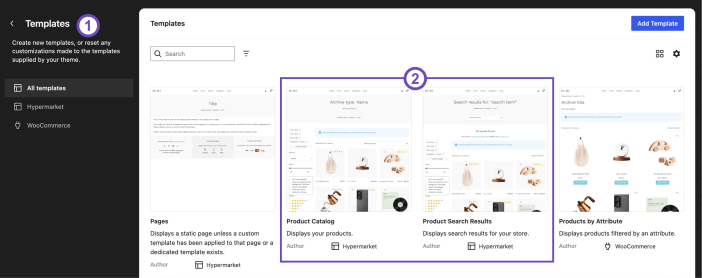WordPress Site Editor showing the Hypermarket Product Catalog and Product Search Results templates