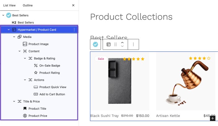 WordPress editor showing the Hypermarket Product Card structure with image, sale badge, rating, Quick View, Add to Cart, title, and price blocks