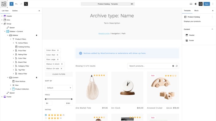 WordPress Site Editor showing Hypermarket product catalog template with sidebar filters and product listings