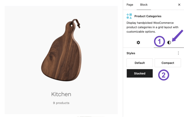 WordPress editor showing Default, Compact, and Stacked styles for the Hypermarket Product Categories block