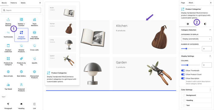 WordPress editor showing the Hypermarket Product Categories block with automatic category selection, columns, thumbnails, product counts, descriptions, and color settings