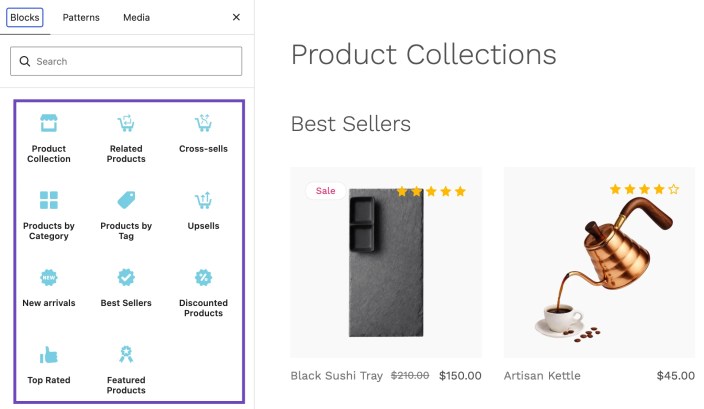 WordPress block inserter showing Hypermarket Product Collection variations including related products, cross-sells, category, tag, upsells, new arrivals, best sellers, discounted products, top rated, and featured products