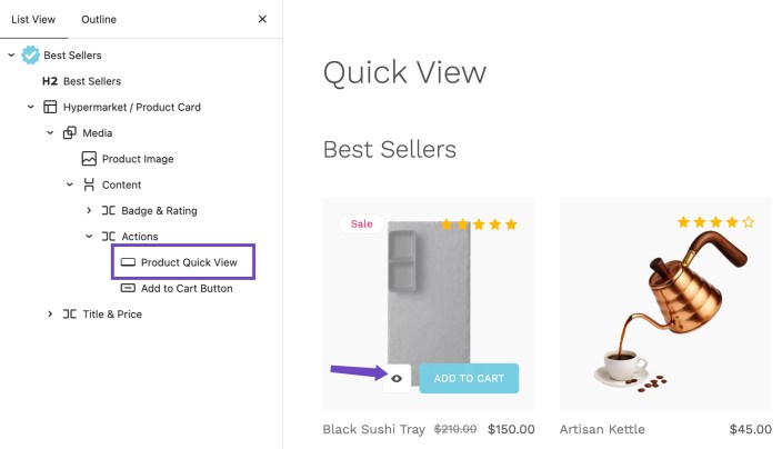 WordPress editor showing the Hypermarket Product Quick View block inside a product card with the Quick View button highlighted
