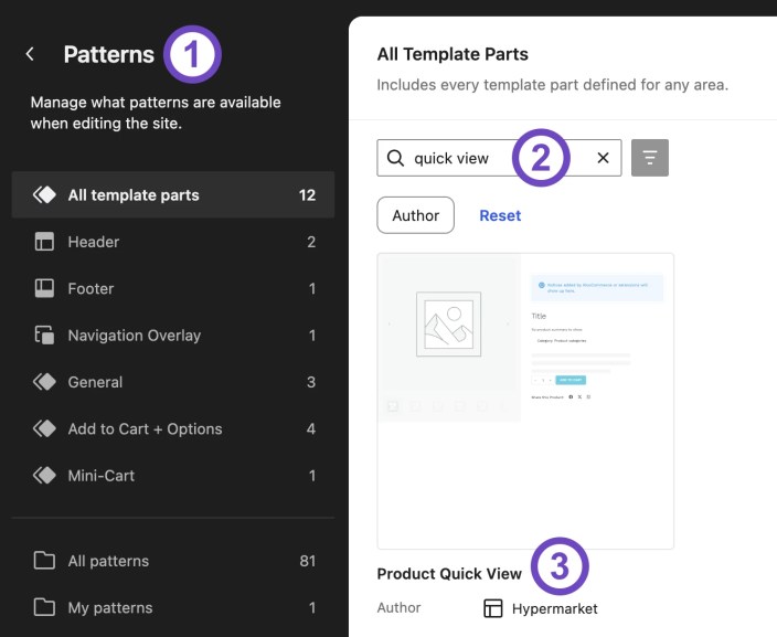 WordPress Site Editor showing the Hypermarket Product Quick View template part in the Patterns area