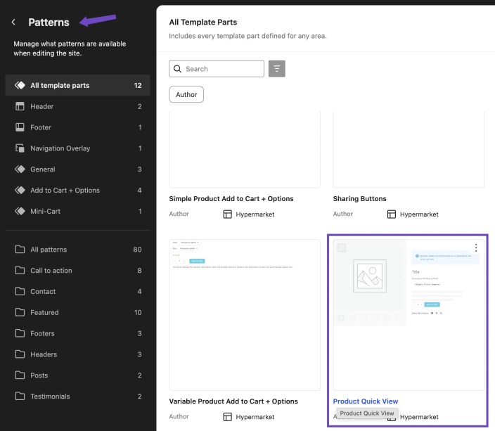 WordPress Site Editor showing the Hypermarket Product Quick View template part in the Patterns area