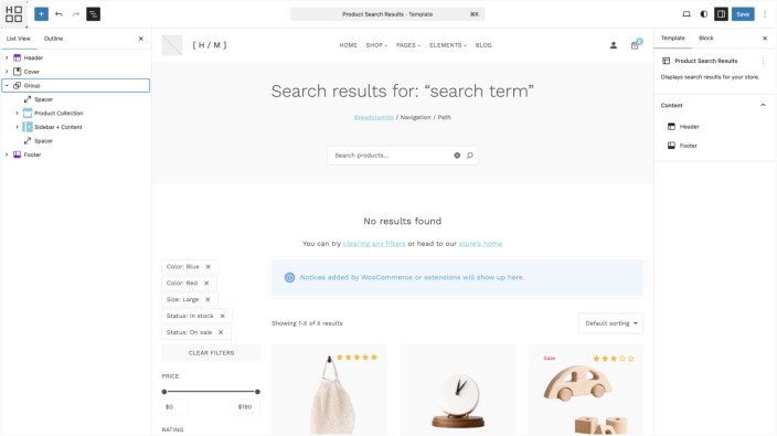 WordPress Site Editor showing Hypermarket product search results template with sidebar filters and no results message