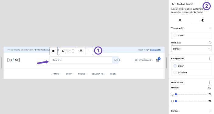 WordPress Site Editor showing the WooCommerce Product Search block inside a Hypermarket header with typography, background, spacing, and border settings