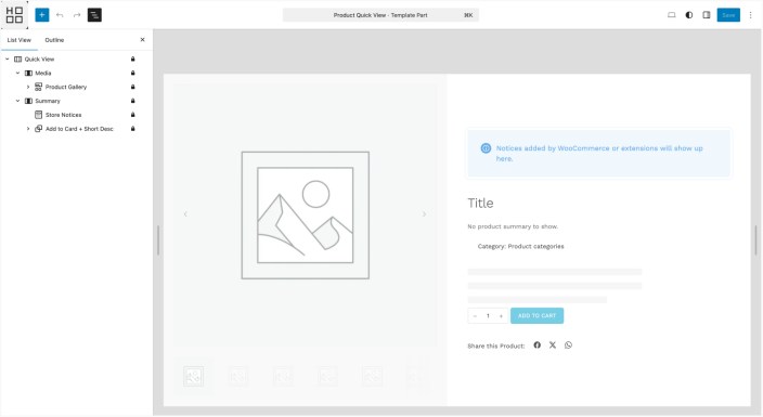 WordPress Site Editor showing Hypermarket product quick view with gallery, summary, and add to cart