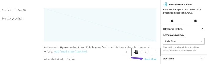 WordPress editor showing the Hypermarket Read More Offcanvas block with button text and offcanvas position settings