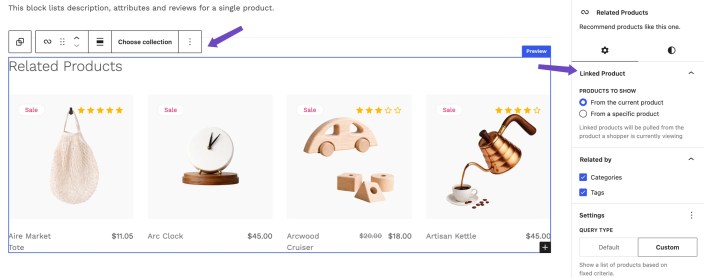 WordPress editor showing the Hypermarket Related Products collection with linked product, category, tag, and query settings