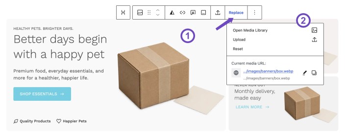 WordPress editor showing how to replace an image inside a Hypermarket pattern using the Replace menu