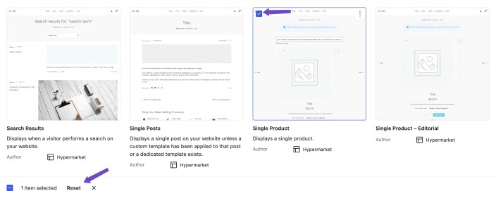 WordPress Site Editor showing the Hypermarket Single Product template selected with the Reset option