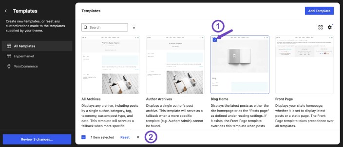 WordPress Site Editor showing a customized Hypermarket template selected with the Reset option