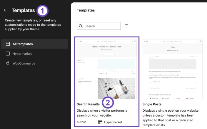 WordPress Site Editor showing the Hypermarket Search Results template