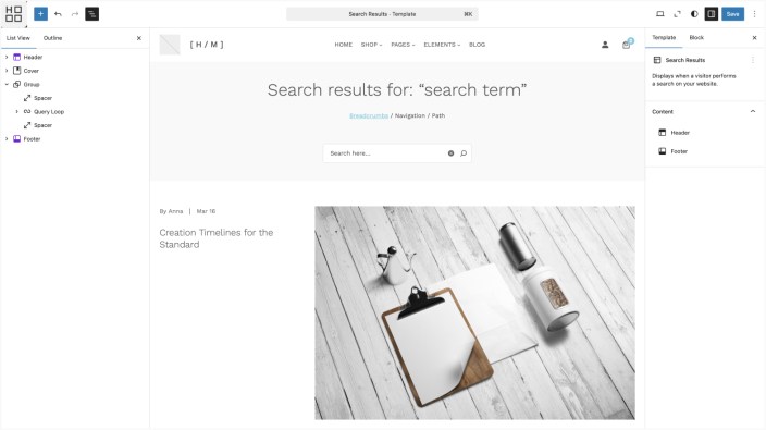 WordPress Site Editor showing Hypermarket search results template with query loop displaying posts