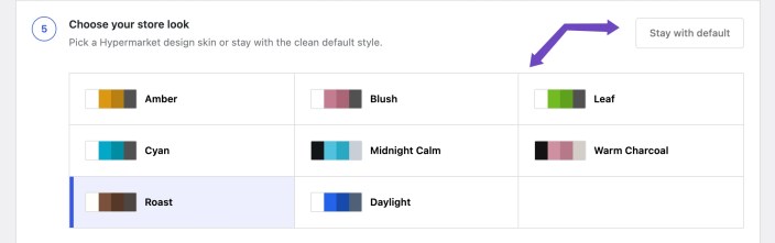 Hypermarket setup screen for choosing a store design style such as Amber, Blush, Leaf, Cyan, Roast, or Daylight