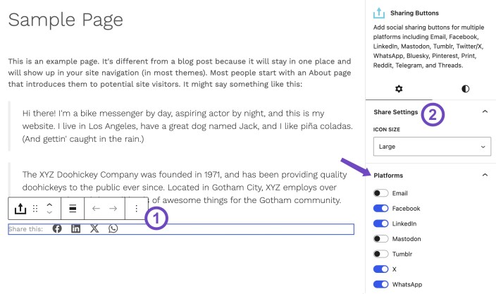 WordPress editor showing the Hypermarket Sharing Buttons block with icon size and social platform settings