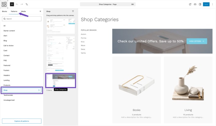 WordPress editor showing Hypermarket Shop patterns panel with Shop Categories layout preview applied to a page