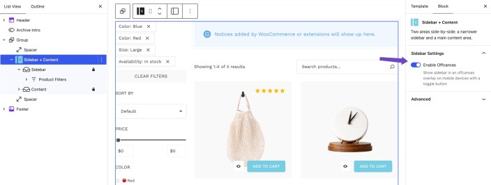 WordPress Site Editor showing the Hypermarket Sidebar + Content block with product filters and the mobile offcanvas option enabled