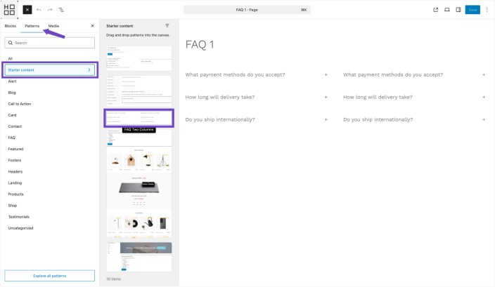 WordPress editor showing Hypermarket Starter content panel with FAQ two-column pattern preview applied to a page