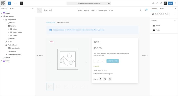 WordPress editor showing Hypermarket modern single product template with two-column product layout