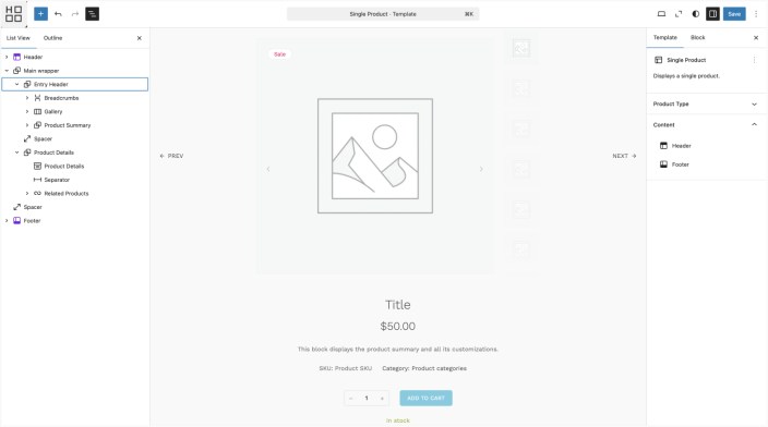 WordPress editor showing Hypermarket single product template being edited
