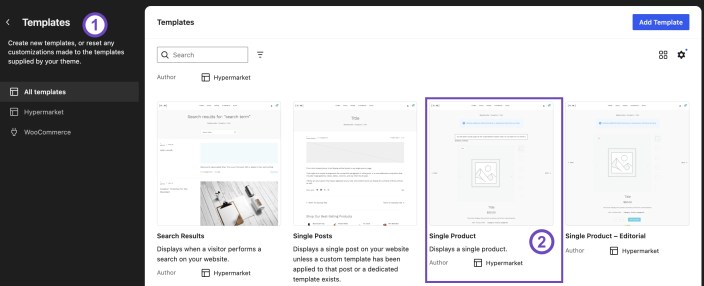 WordPress Site Editor showing the Hypermarket Single Product and Single Product Editorial templates