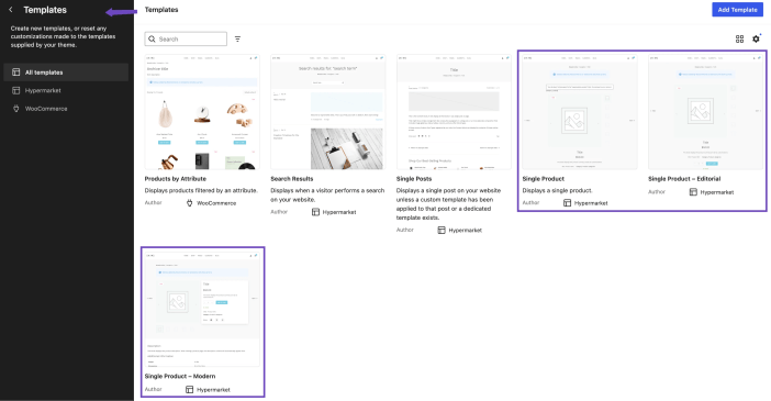 WordPress Site Editor showing Hypermarket Single Product, Editorial, and Modern product templates