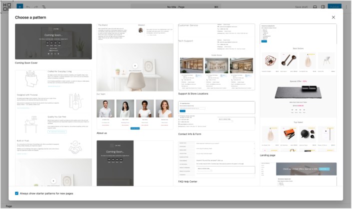 WordPress editor modal showing Hypermarket starter patterns selection for building a page layout
