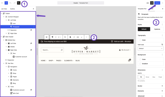 WordPress Site Editor showing the Hypermarket Header template part with List View and block style settings for customizing header content