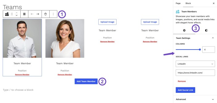 WordPress editor showing the Hypermarket Team Members block with member images, positions, columns, and social link settings