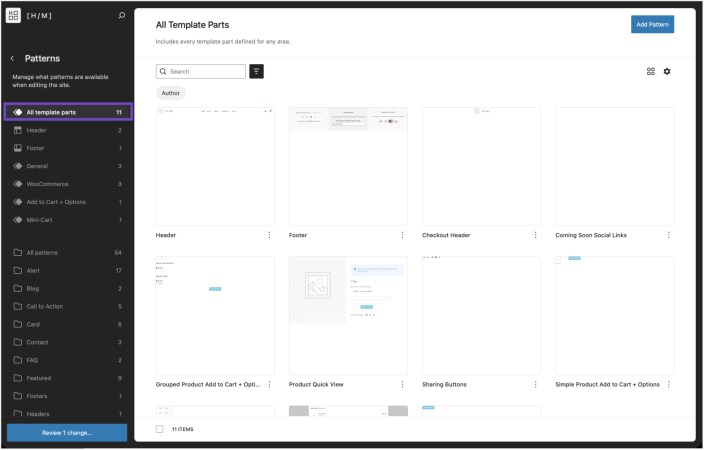 WordPress Site Editor showing Hypermarket template parts including header, footer, and product quick view