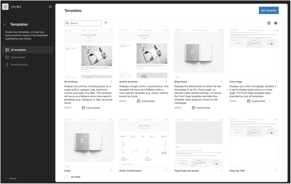 WordPress Site Editor showing Hypermarket templates like archives, blog home, front page, and order confirmation