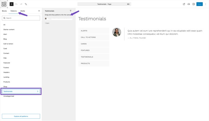 WordPress editor showing Testimonials patterns with preview