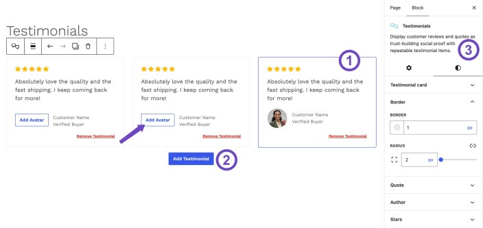 WordPress editor showing the Hypermarket Testimonials block with testimonial cards, avatars, ratings, and style controls