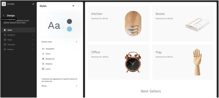 WordPress Site Editor showing Hypermarket global styles panel with typography and color options