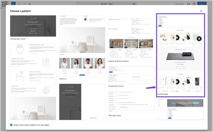 Pattern selection screen showing Hypermarket homepage layout preview