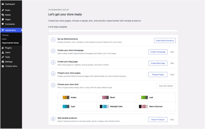 Hypermarket setup screen showing WooCommerce installation, homepage creation, store pages, design skins, and sample product import options