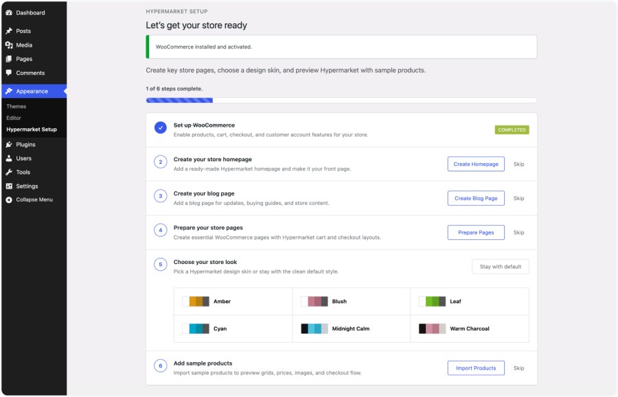 Hypermarket setup flow for preparing WooCommerce pages, design skins, and sample products