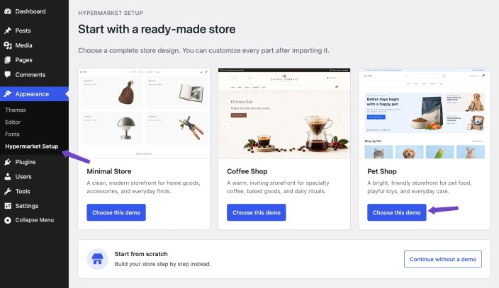 Hypermarket Setup screen with Minimal Store, Coffee Shop, and Pet Shop demo options